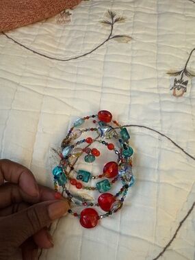 Multi-Color Beaded Coil Bracelet - Red & Teal Accent